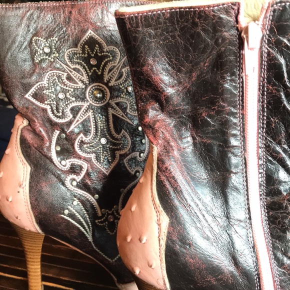 🚨B2G1 CAMILA Deep Berry Roses Pink Leather Pointy Toe Ankle Heeled Boots - Picture 6 of 15